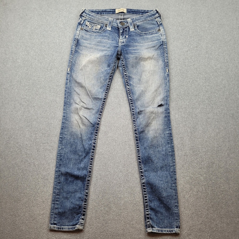 Big Star Liv Skinny Jeans Womens 27R Blue Distressed Thick Stitch Low Rise Denim
